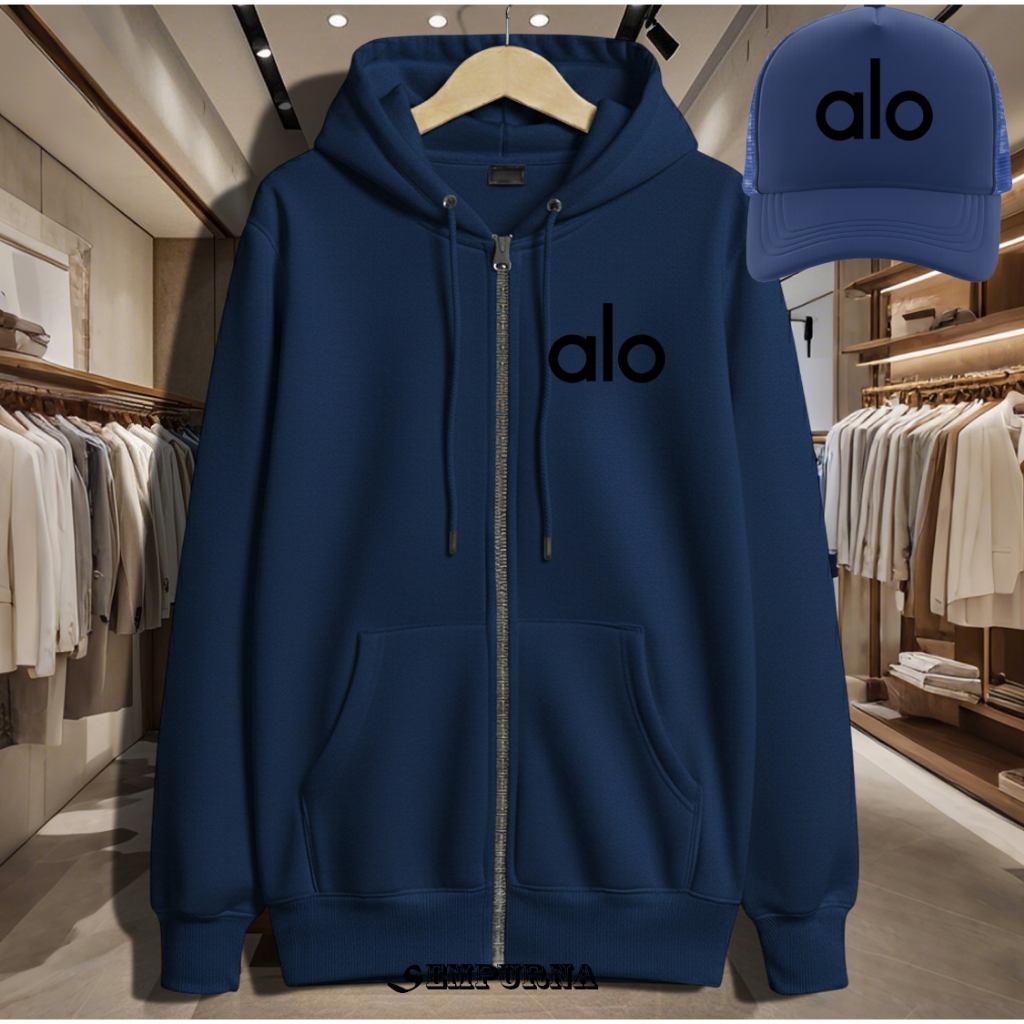 BONUS TOPI JAKET ALO HITAM DISTRO FLEECE//JACKET/HOODIE/VARSITY FASHION UNISEX//PRIA DAN WANITA//GOO