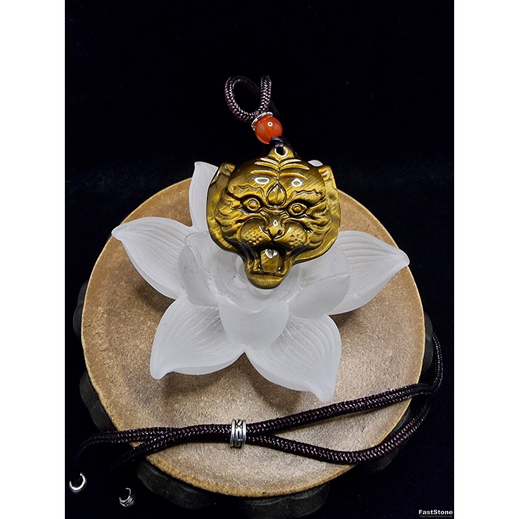 Kalung Liontin Batu Gold Tiger Eye Ukiran Macan FullNatural 33mm C1048