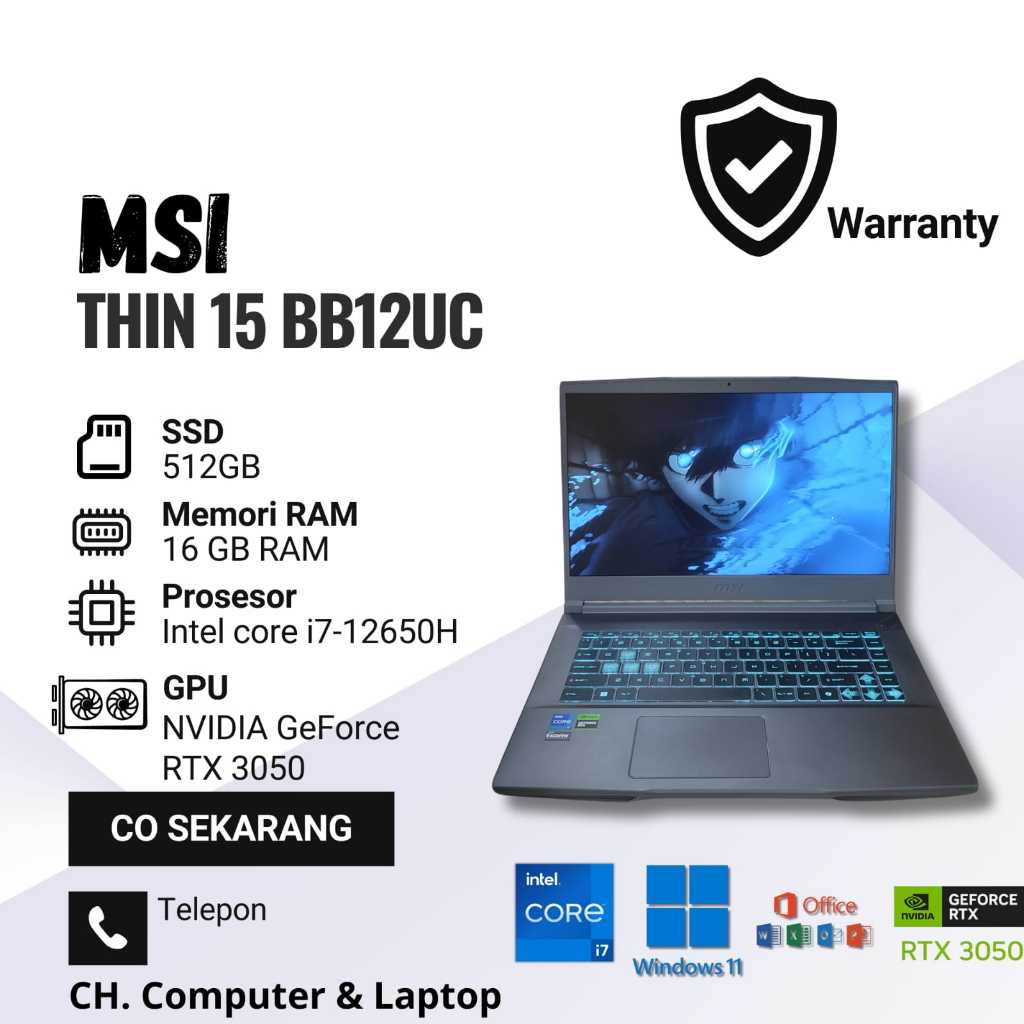 Laptop Gaming MSI Thin 15 B130U, Core I7, RTX 3050, Ram 16GB, SSD Nvme 512GB Bergaransi