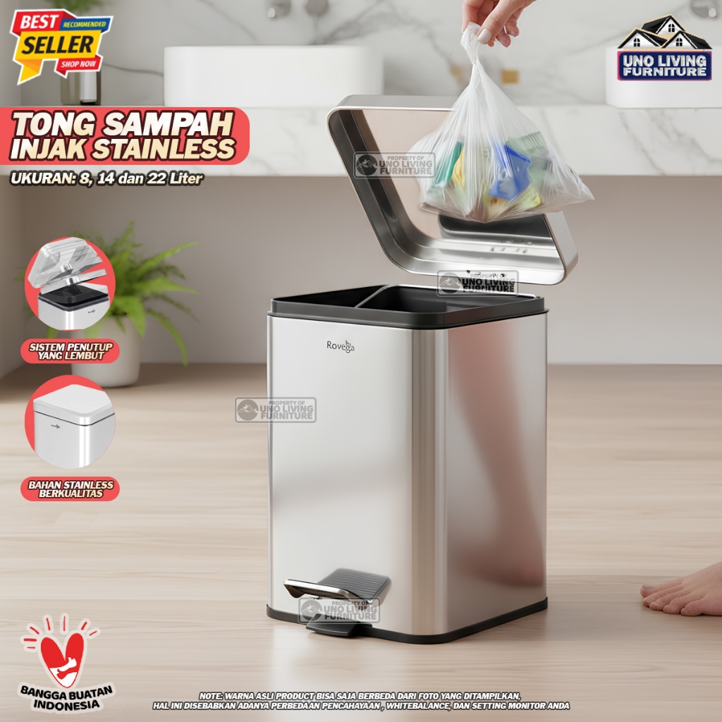 Tempat Sampah Stainless - Rovega Dustbin 22 Liter Kotak Tong Sampah Injak Tong Sampah Pedal
