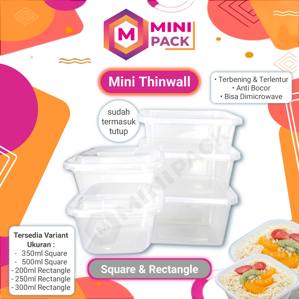 Mini Thinwall Square Rectangle 350ml 500ml 200ml 250ml 300ml 350 500 ml 200 250 300 +Tutup + Tutup M