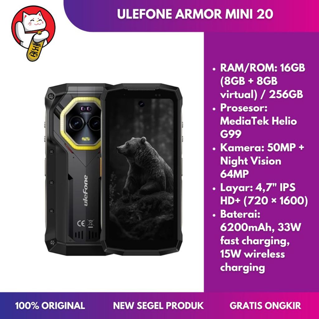 ULEFONE ARMOR MINI 20 4G RAM 16GB ROM 256GB Android 14 Layar 4.7" IPS HD+ Baterai 6200mAh Rugged Sma
