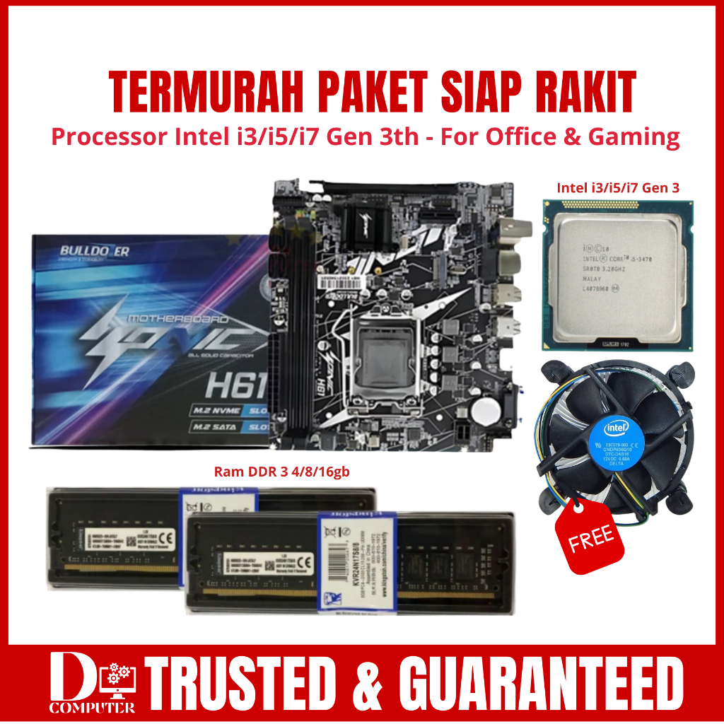 Paket Motherboard Bulldozer H61 M.2 Nvme LGA1155, H61, DDR3, SATA3 Gratis Fan Processor Intel Core i