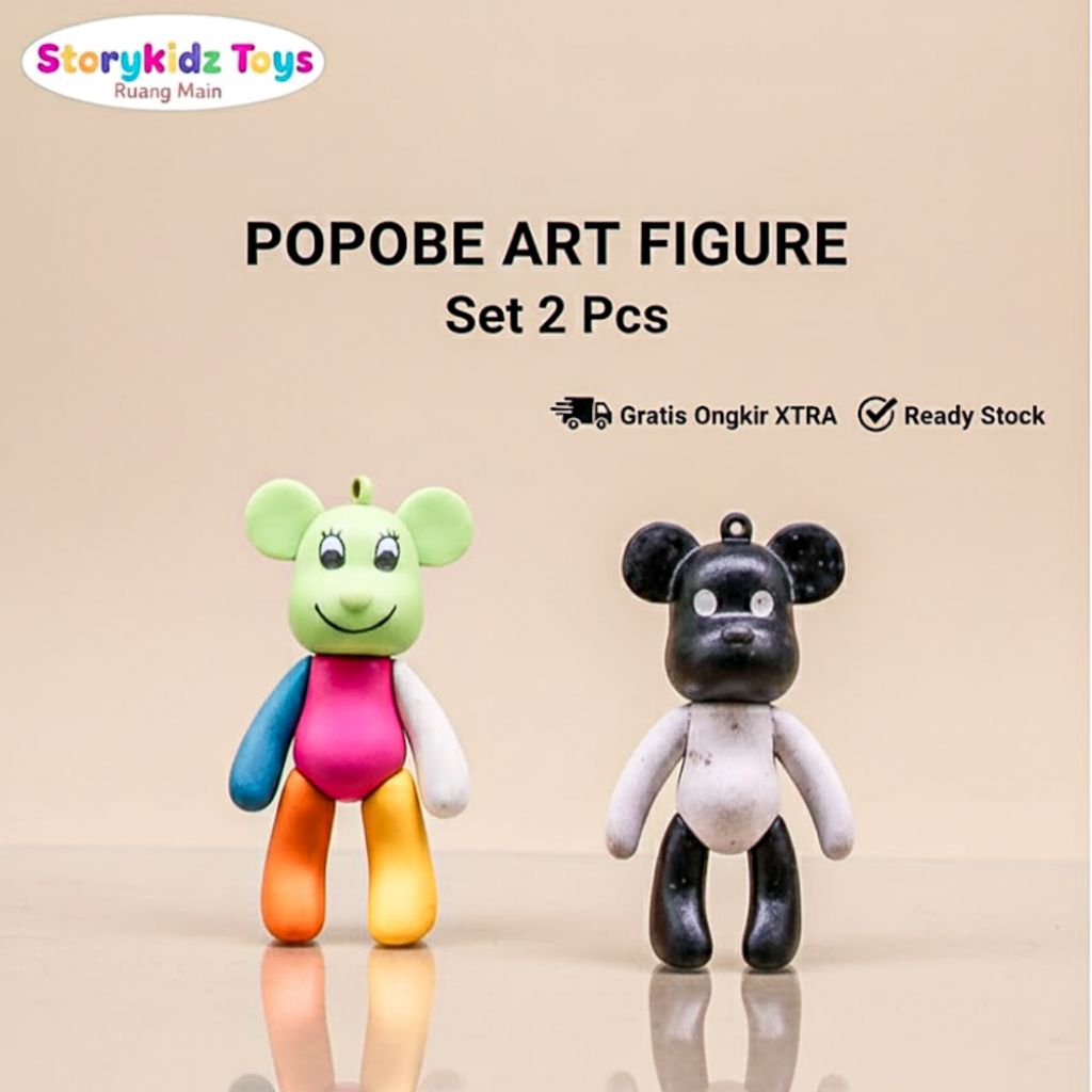 Figure Beruang Popobe Bearbrick Lucu Set 2 Pcs Art Toy Pajangan Meja Koleksi Unik
