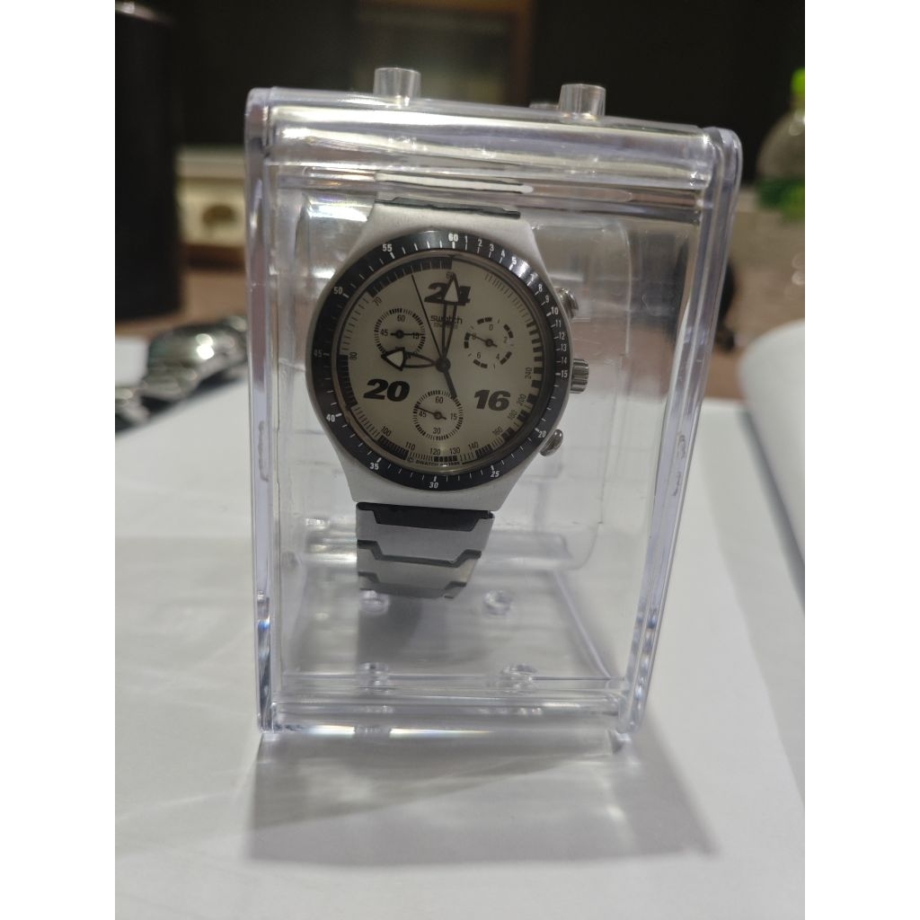 Vintage Swatch Irony Chronograph Straight Edge YCS1006AL tahun 1996 Alumunium Langka Kondisi Mint
