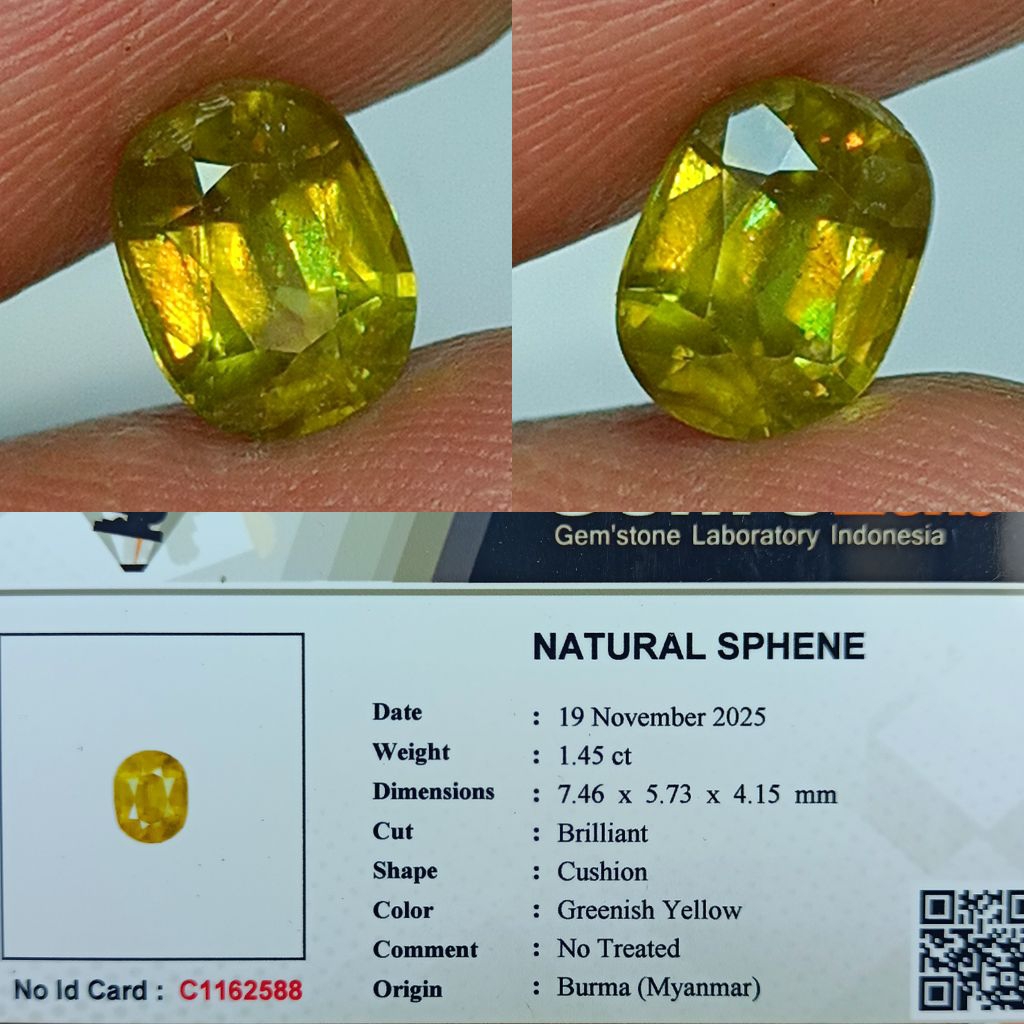 NATURAL BATU SPHENE GREENISH YELLOW BURMA NTD MEMO GLI LAB ID