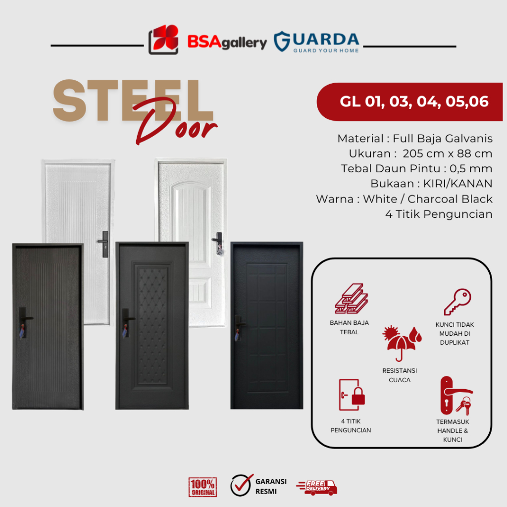 BSA Gallery Pintu Baja Guarda 205x88 cm / Steel Single Door Utama Depan Rumah + Kusen / Handle Besi