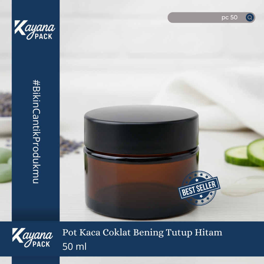 BOTOL POT JAR CREAM KRIM KACA COKLAT BENING 50GR TUTUP HITAM / POT KACA COKLAT 50 GR (PC50)
