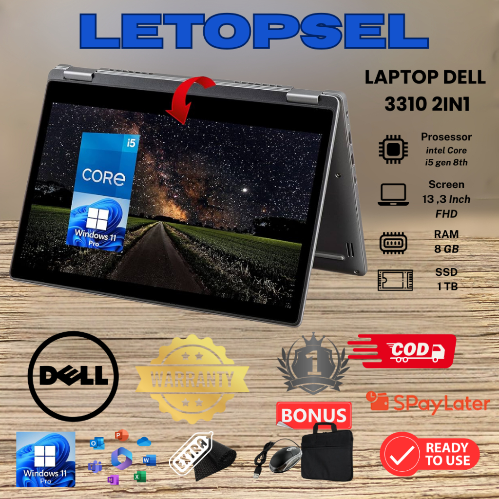READY  DELL 3310 2in1 i5 gen 8th ram 8 SSD 512 // BONUS TAS LAPTOP & MOUSE