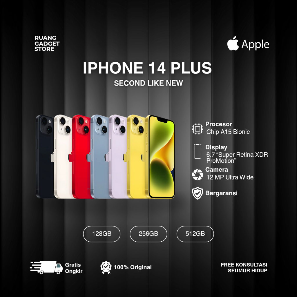 IPHONE 14 PLUS SECOND BEACUKAI 128GB 256GB Hitam  Kuning Ungu Merah Putih