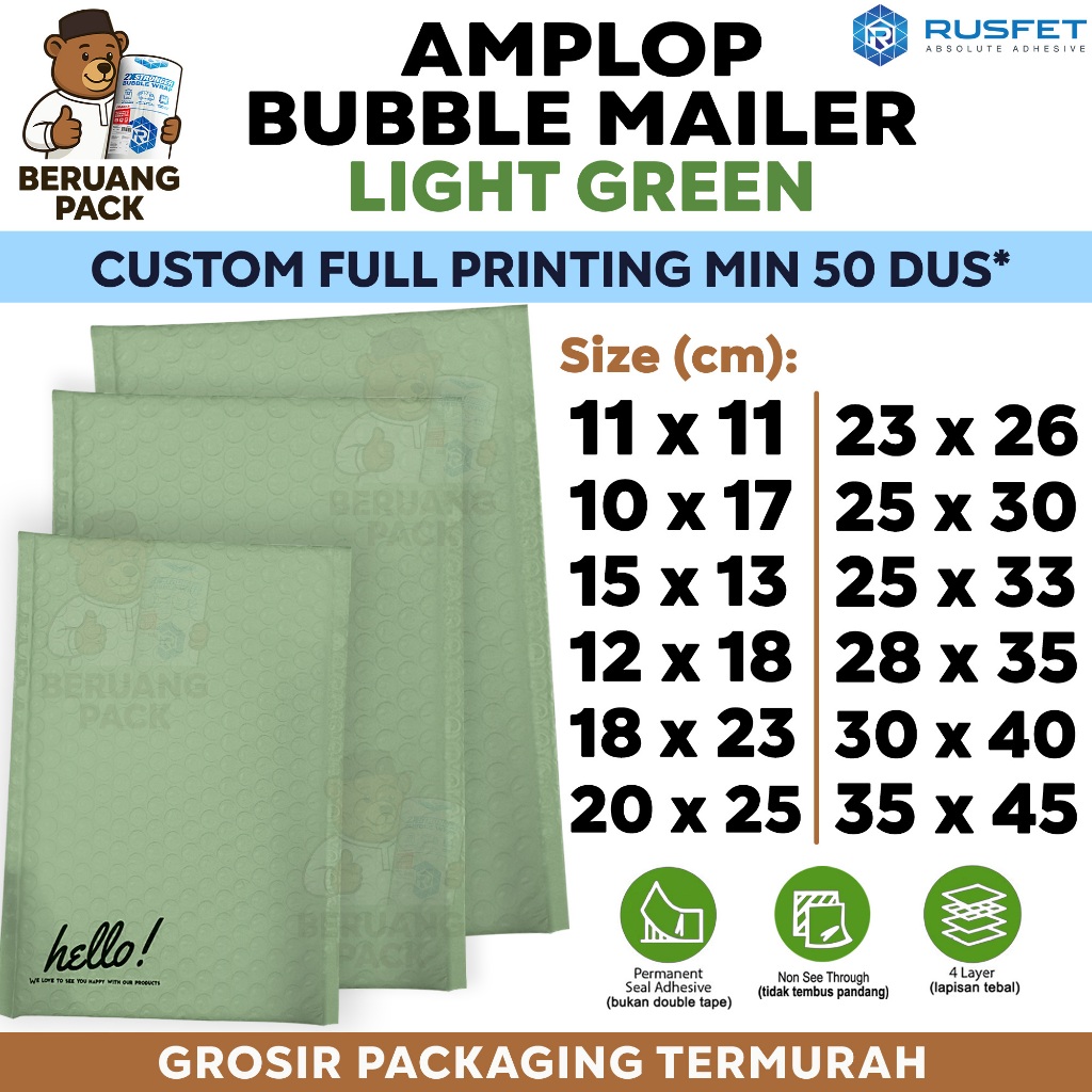 Amplop Bubble Wrap LIGHT GREEN Hijau Envelope Bubble Bag Mailer Packing Perekat Paket Murah RUSFET