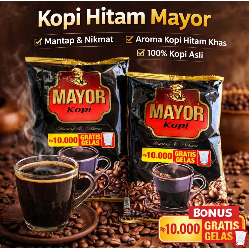 Bubuk Kopi Hitam Mayor Kemasan 125 gram Baru & Murah Bonus Gelas Cantik - Stok terbatas