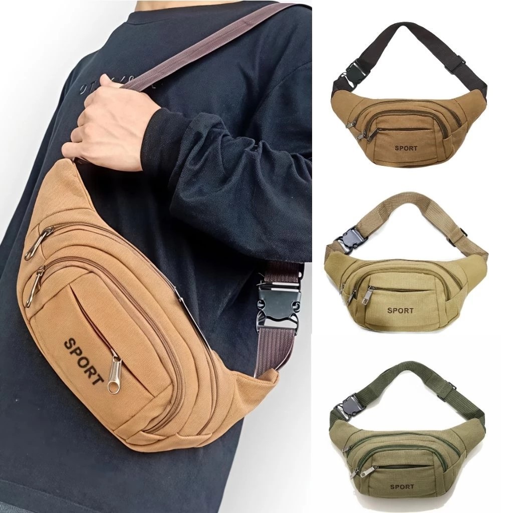 tas selempang pria waistbag sport canvas import