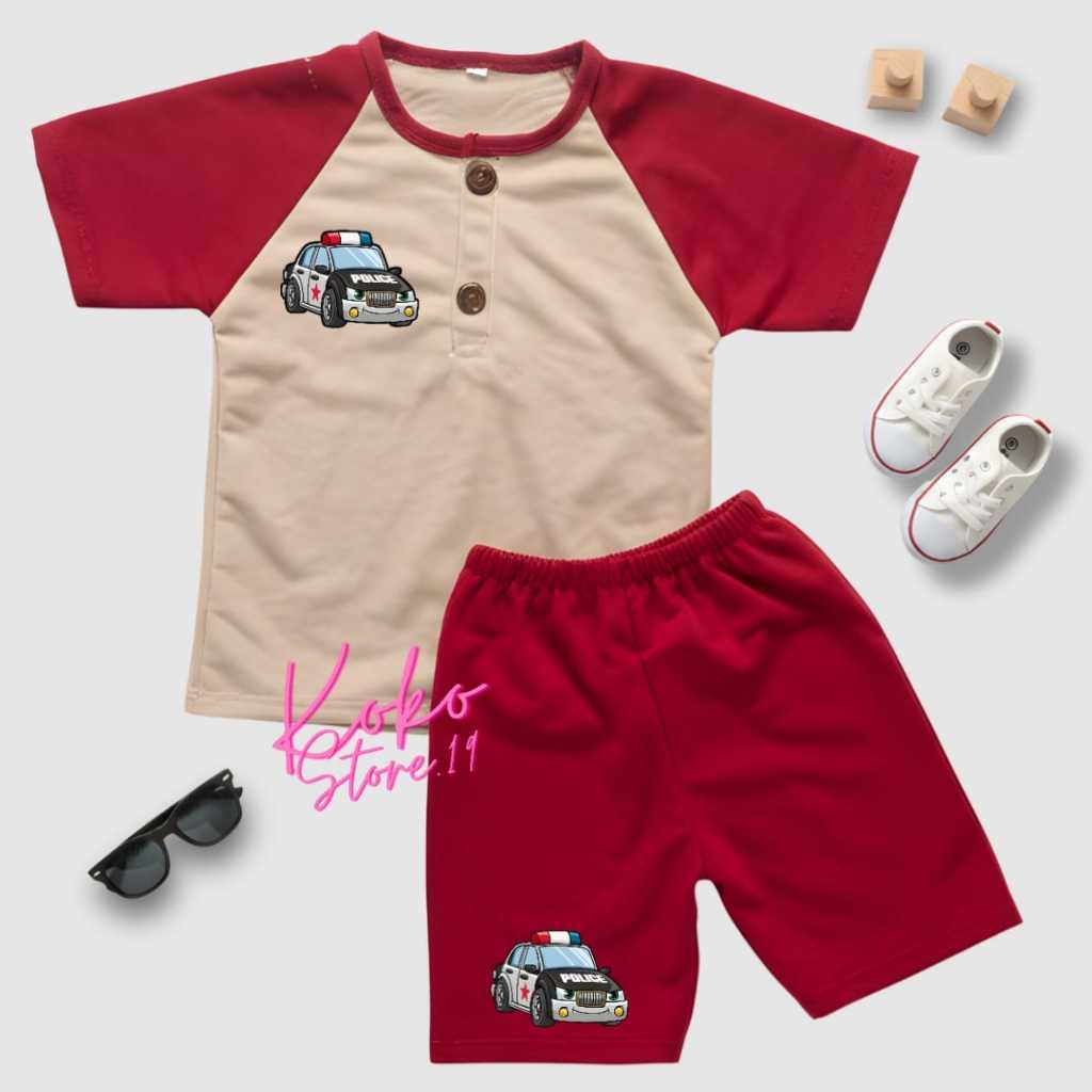 Baju anak laki-laki setelan kiano pendek anak gambar mobil polisi untuk anak usia 2-7 tahun