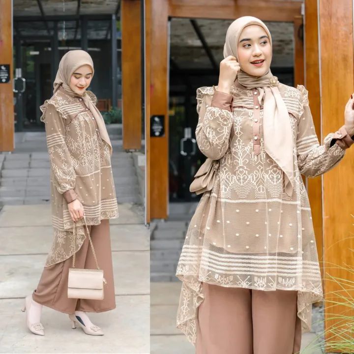 New One Set Tunik Naeva Baju Setelan Wanita Atasan Tunik Brokat Celana Kulot Polos Kekinian