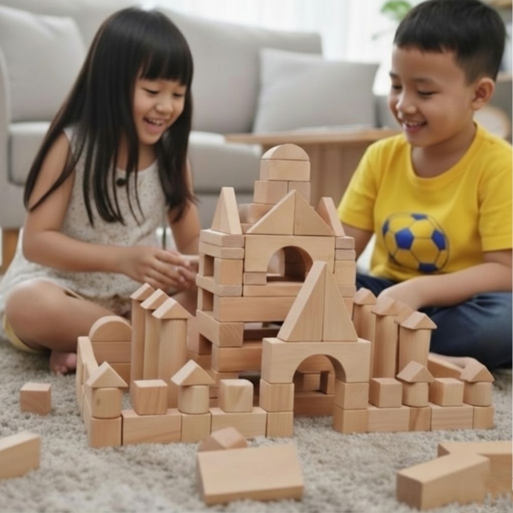 Omocha Balok Susun Mini Isi 120 Natural Mainan Edukasi Balok Kayu Natural Montessori Wooden Blocks -