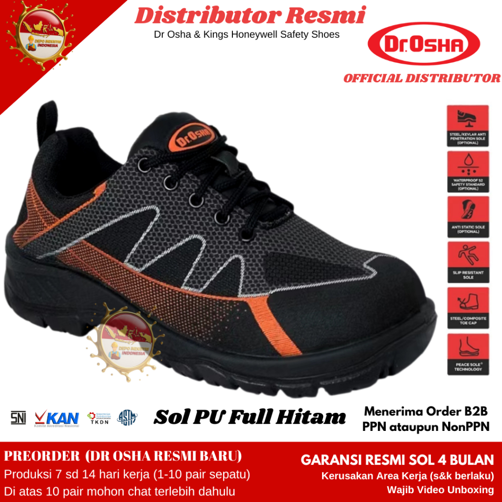 Sepatu Safety / Dr Osha Safety Shoes Wolfar Lace Up - 3107 S1 Comp Toe Cap - SOL PU sd 90 C