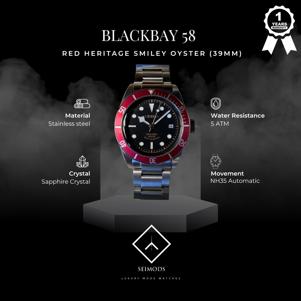 Seiko Blackbay BB58 39mm Red Heritage Smiley NH35 Automatic Jam Tangan Watch