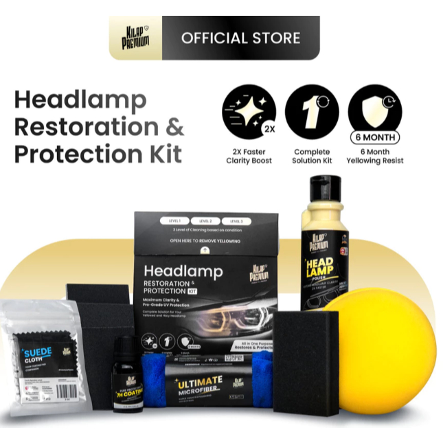 Kilap Premium - Headlamp Restoration & Protection Kit Paket Pembersih Lampu Mobil Kuning, Kusam