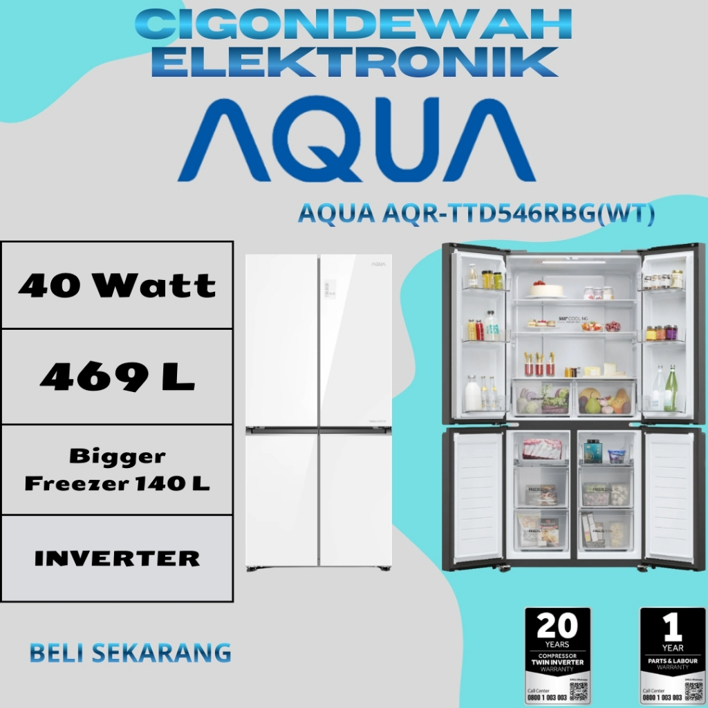 Aqua AQR-TTD546RBG(WT) Kulkas 4 Pintu 469 Ltr Twin Inverter