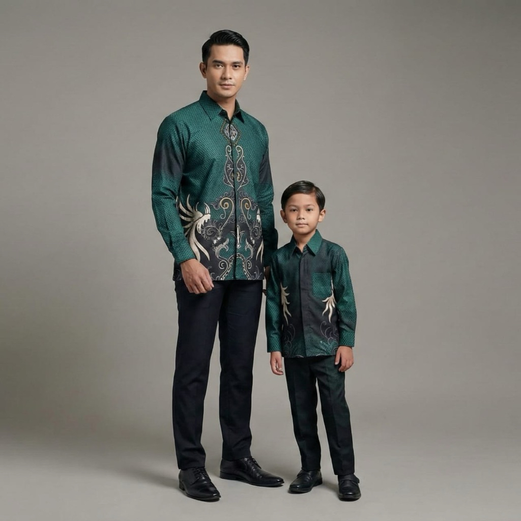 Batik Couple Bapak Anak Warna Emerald Batik Pasangan Ayah Dan Anak Katun Solo Premium