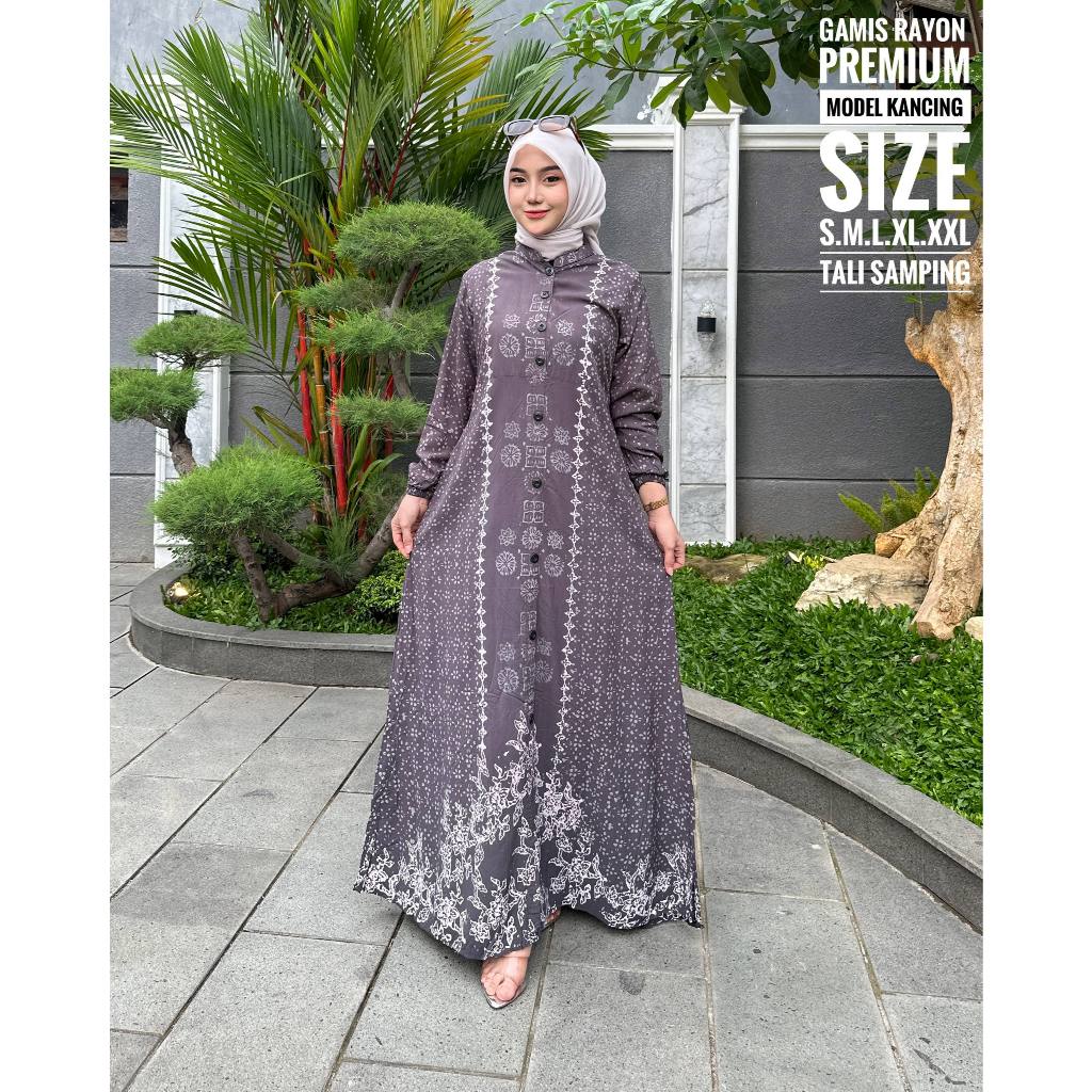 Gamis Twill Rayon Premium Model Kancing Batik Cap Kekinian Gamis Syari Jumbo Busui - Motif Mustika