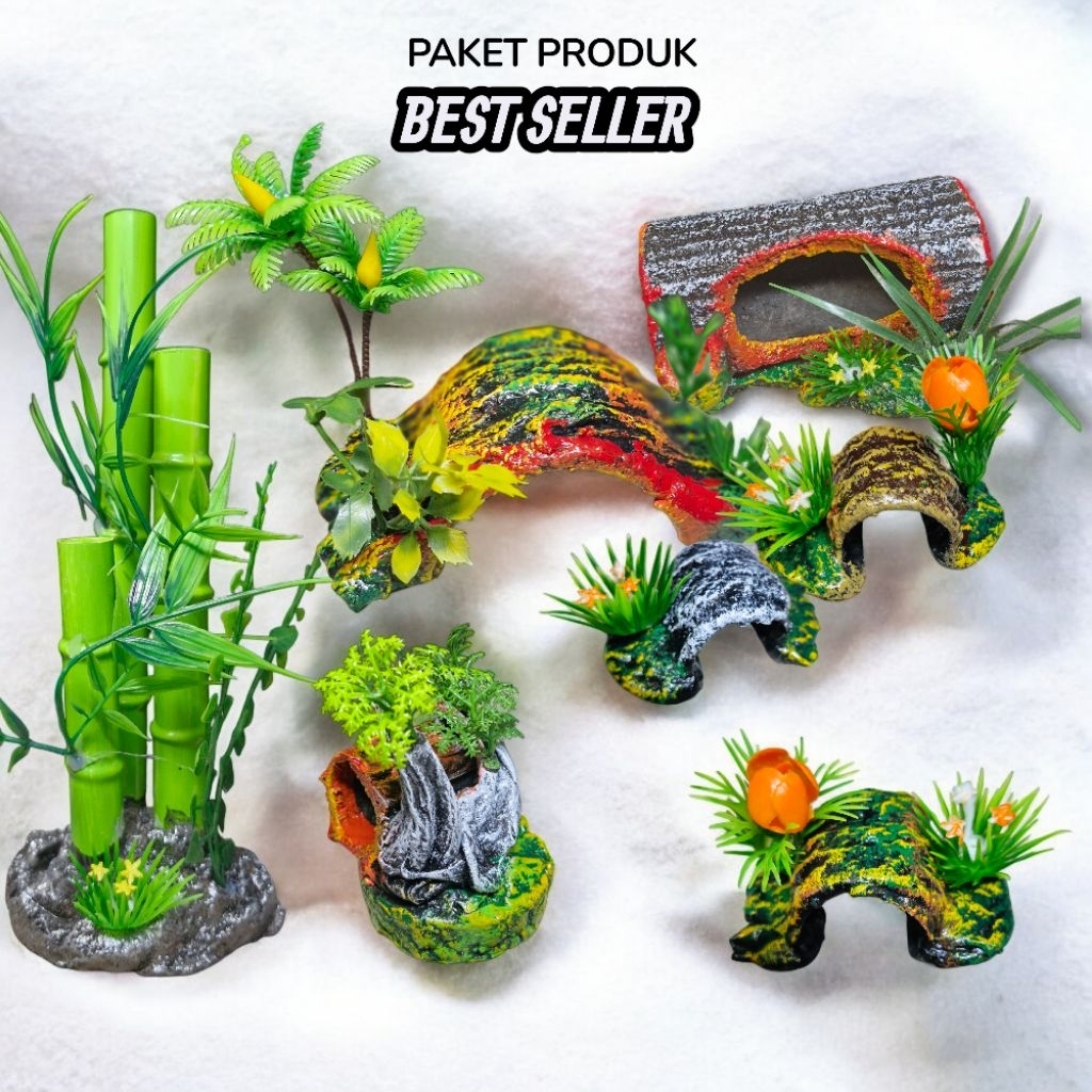 Paket LenkapHiasan Dekorasi Aquarium Natural Tema Alam | Ada Bambu, Terowongan Jamur, Gubuk & Rumput