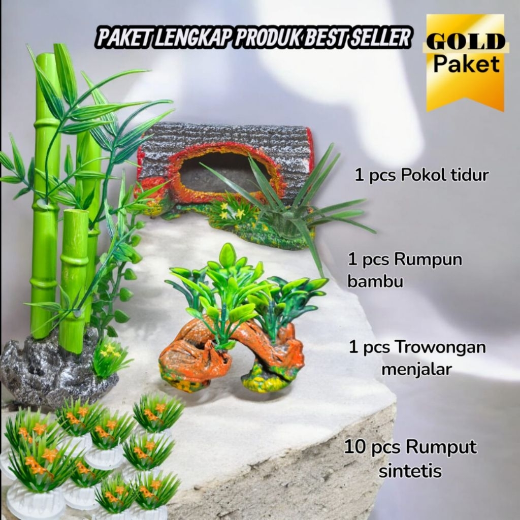Paket Dekorasi Aquarium Natural Tema Alam | Ada Bambu, Terowongan Jamur, Gubuk & Rumput | Ikan Betah