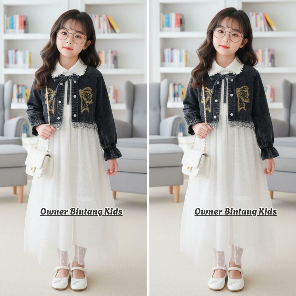 Aurel Gamis Rompi Jeans Usia 3-10 Tahun Bahan Jeans Mix Brukat - Gamis Anak Motif Pita Terbaru - Gam