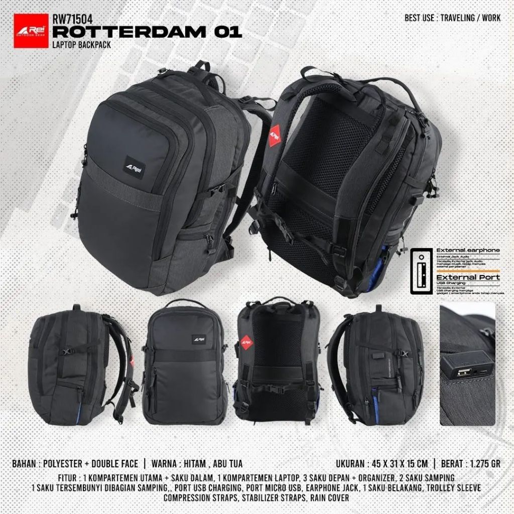 Tas Ransel Laptop Arei Rotterdam 0.1 Original + USB + RC / Bacpack Laptop Arei Outoorgear