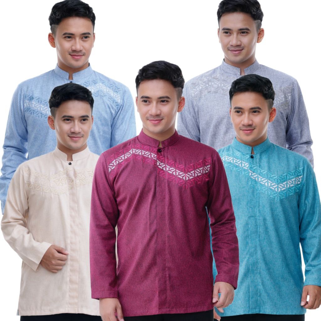 Koko Pria Bordir Motif Serka Bahan Katun Madinah Premium Koko Muslim Modern Lengan Panjang Saku Samp