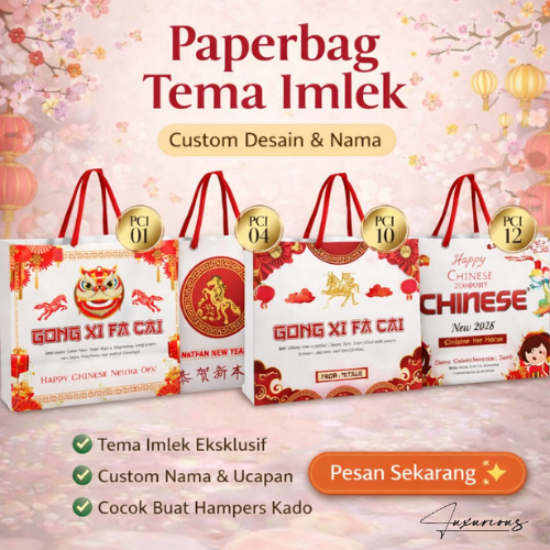 Paperbag Custom Tema Imlek | Tas Kertas Imlek Gong Xi Fa Cai | Paper Bag Chinese Custom Nama Ucapan