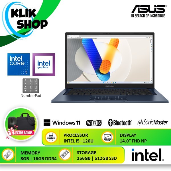 ASUS Vivobook 14 INTEL CORE 5 120U 16GB 512GB SSD FHD Win11