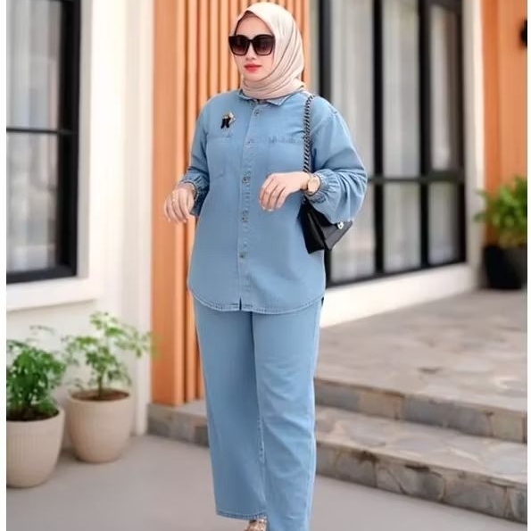 Almira setelan jeans atasan dan celana wanita one set jeans wash premium kulot