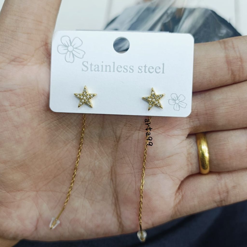 Anting jurai panjang motif bintang Titanium