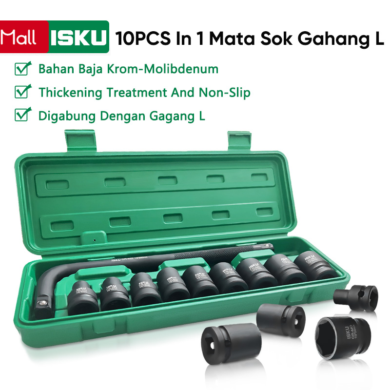 ISKU Kunci Shock Impact / Shock Set 10pcs Bahan Cr Mo 1/2DR 8-24mm 6Pt GaGang Sock L Dan Mata Sock I