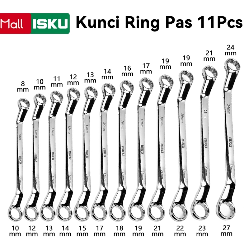 ISKU Kunci Ring Pas Set 11 pcs 8-27mm Alat Perkakas Tools Kunci Ring Pas 1 Lengkap