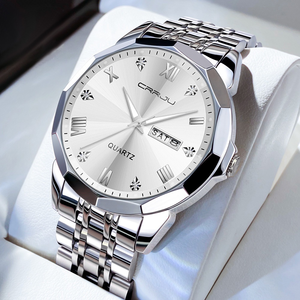 CRRJU Jam Tangan Pria Anti Air Original Cowok Kalender Bercahaya Analog Luminous Stainless Steel Men