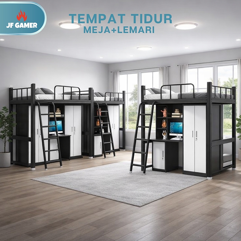Tempat tidur besi tingkat atas, lemari besi tingkat bawah + rak buku + meja, tempat tidur tingkat