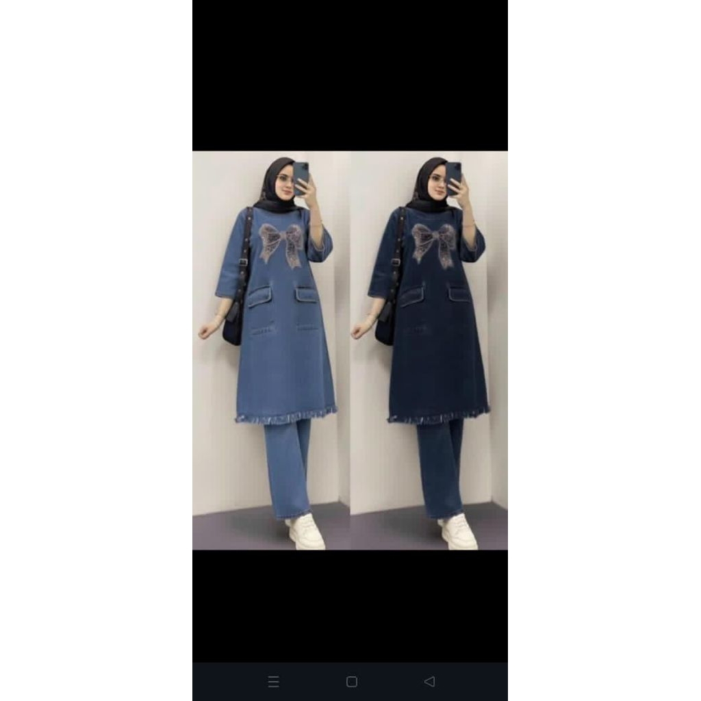 jammi set tunik top celana setelan wanita jeans jins denim terbaru
