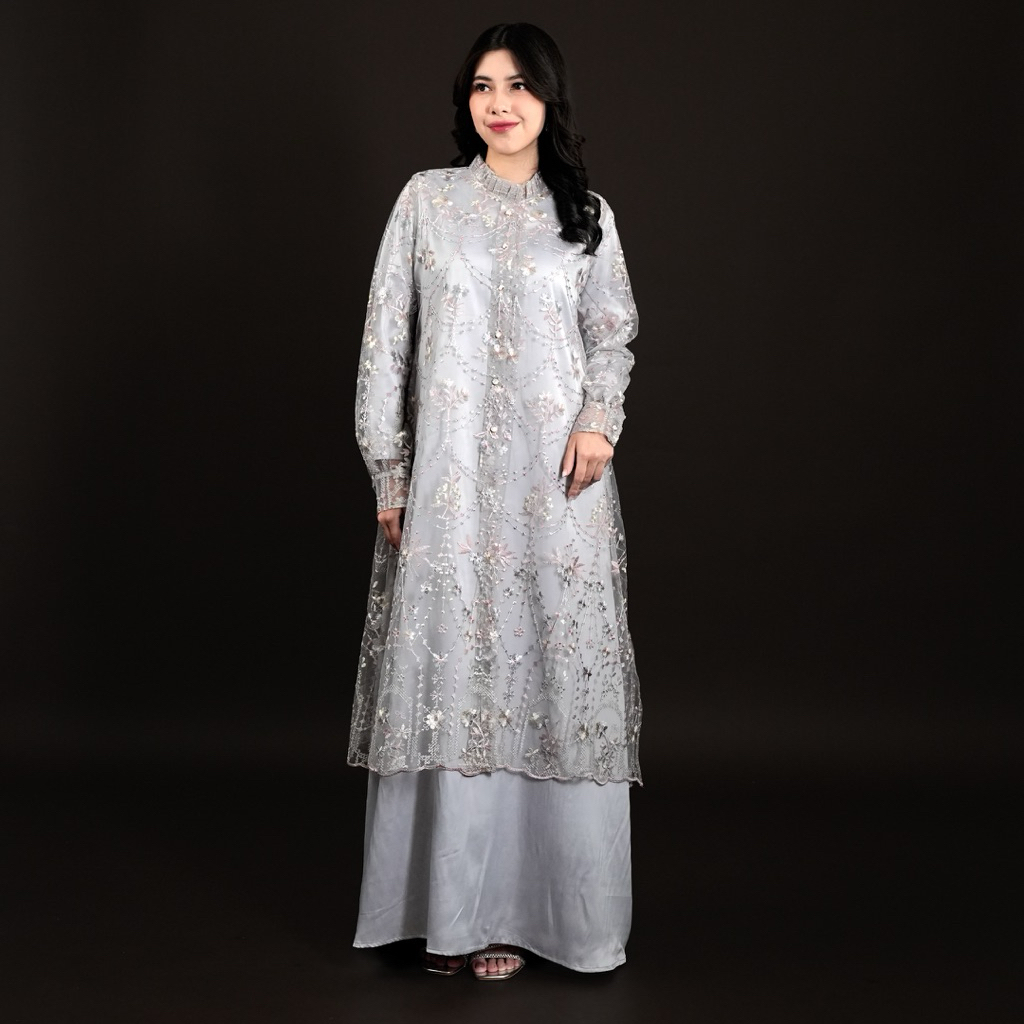 KATAQILA GAMIS OUTER PREMIUM TILE BROKAT “JELITA” ABU SILVER