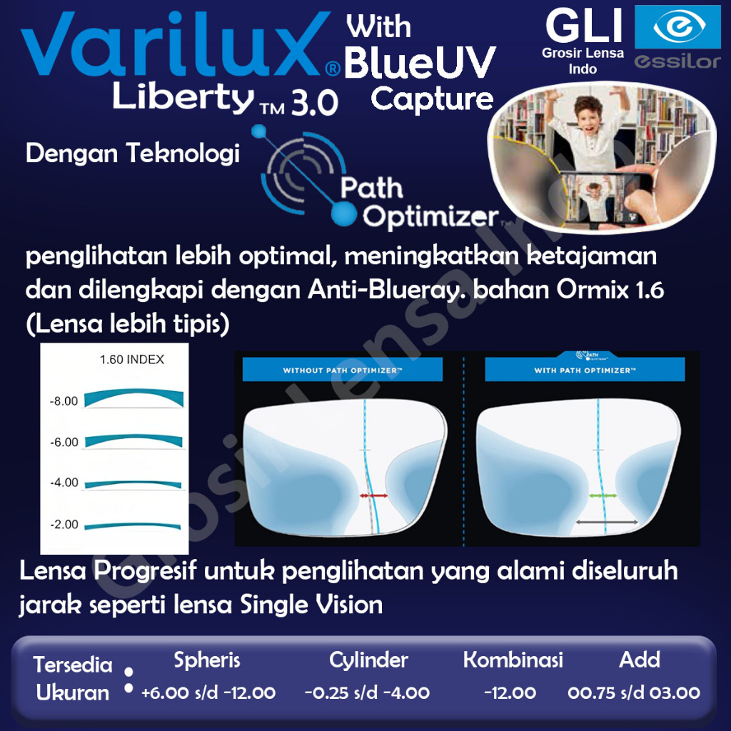 Lensa Essilor Varilux Liberty Blue UV Capture Ormix 1.6 CRIZAL ROCK / SAPPHIRE / DRIVE / PREVENCIA