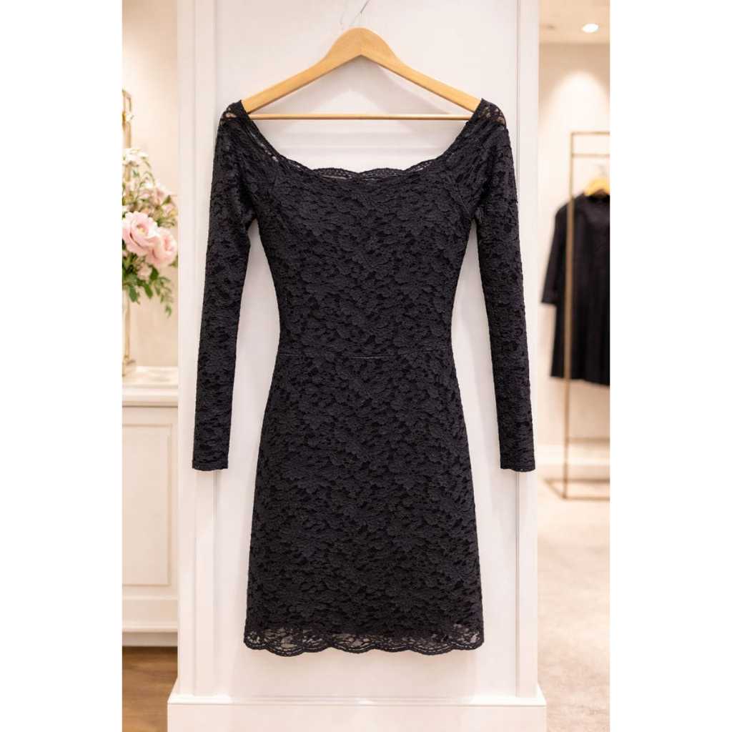 Black Dress Gaun Brukat Pesta Lengan Panjang Style Korea Original Cantik, Sabrina Full Brokat Premiu