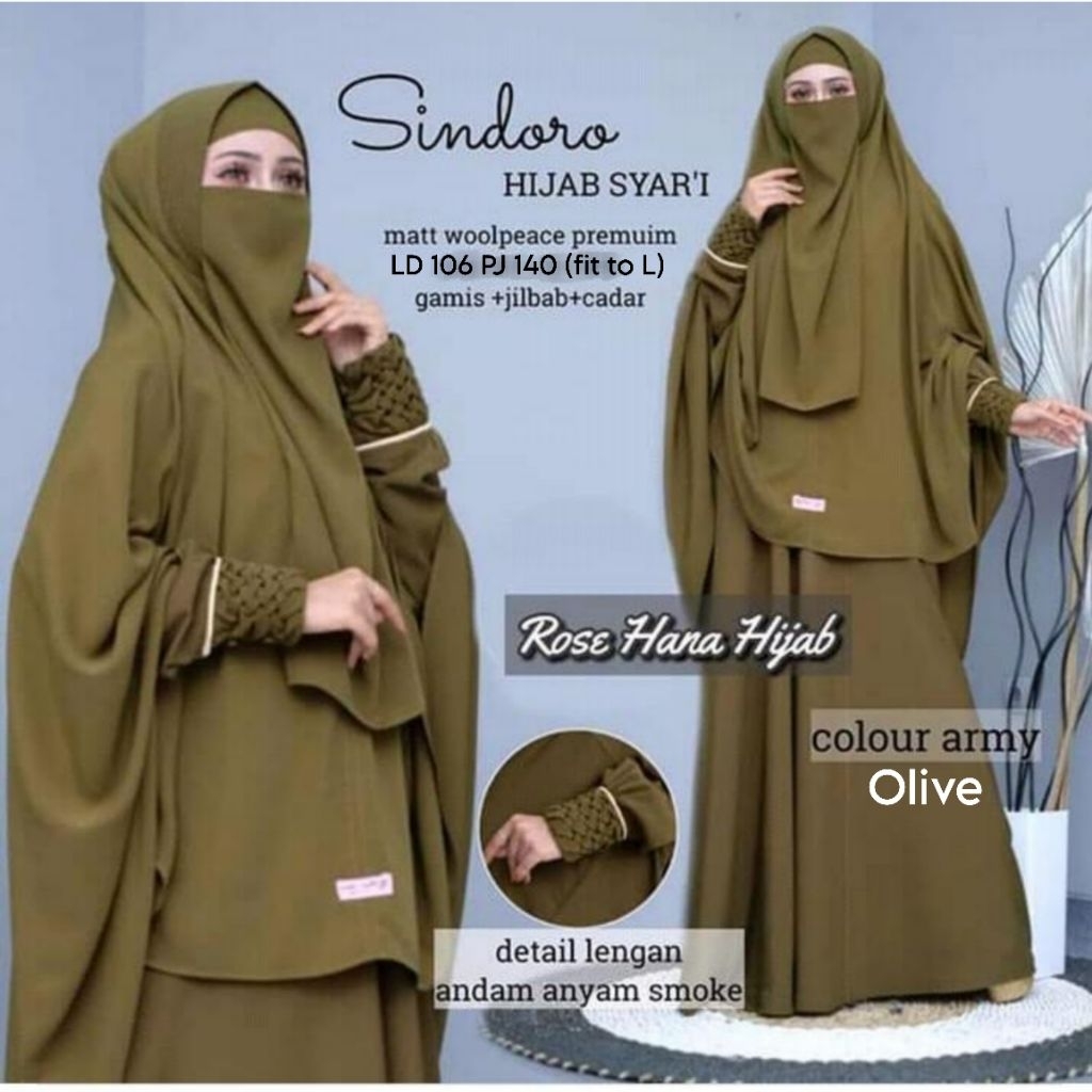 READY 1PCS  SINDORO SYARI OLIVE ARMY L LD106/PB140 Gamis Wanita Cantik Gamis Murah Set Syari Cadar  