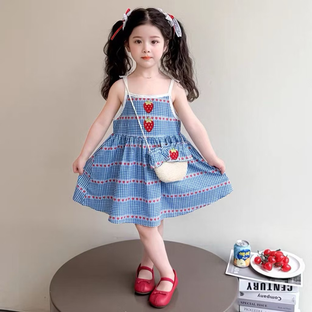 dress strawberry+tas anak perempuan