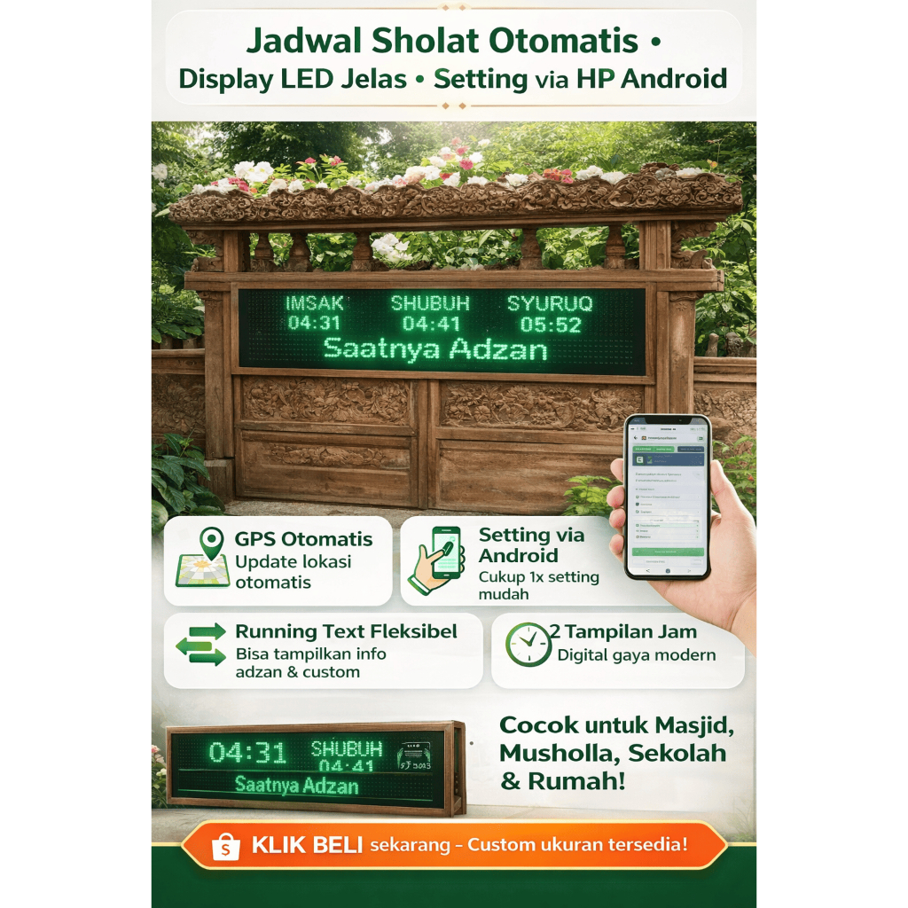 Jam Masjid Digital LED Running Text Jadwal Sholat Otomatis GPS