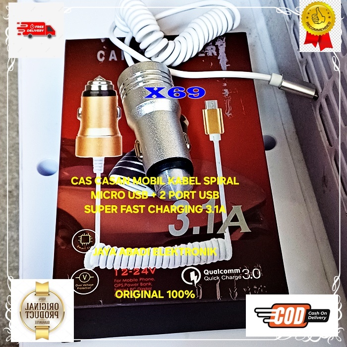 X69 ADAPTOR SAVER ORI 100% 3A 3 A CAR CHARGER SPIRAL SPRING TRAVEL ADAPTER CAS CASAN MOBIL 2 USB CHA