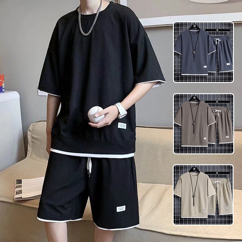 Baju setelan pria 2025 korean Baju Pantai Pria Baju celana pria 1 set Kasual kain waffle baju pria