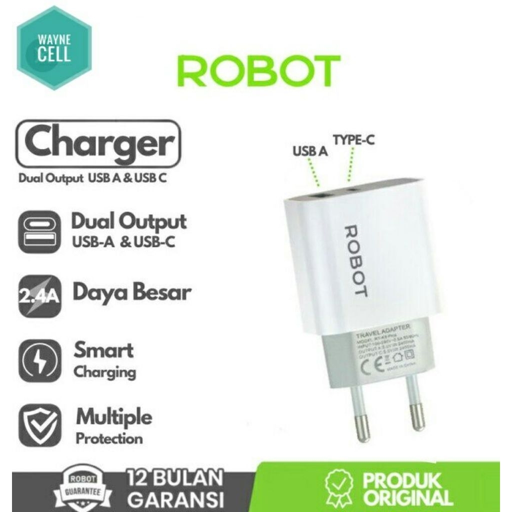 ROBOT RT-K8 PLUS ADAPTOR CHARGER DUAL OUTPUT USB A USB C 2,4A