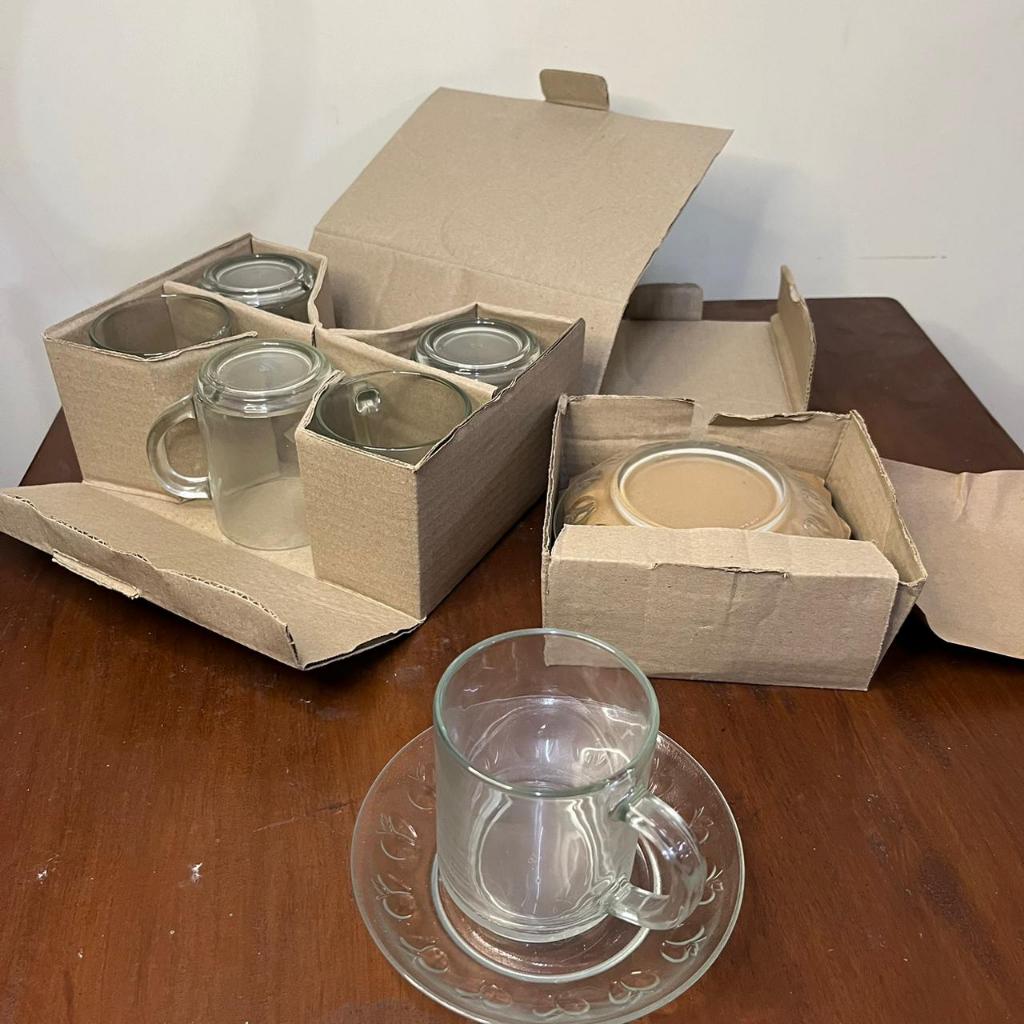 Gelas Gagang Kaca Polos Kecil, Lepek Apel Lepek Kopi Kaca 1 Pack Isi 6 Pcs